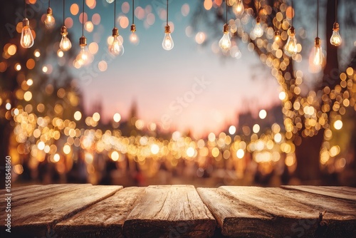Rustic wooden table at a twilight outdoor festival.  Warm lights twinkle from above, blurring to a festive scene beyond