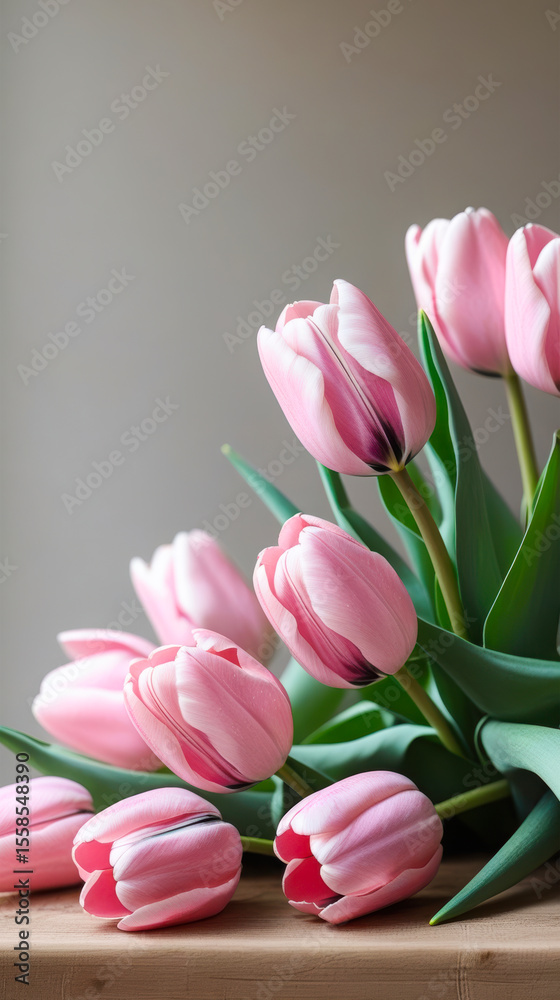 Fototapeta premium Romantic Pink Tulips in Vertical Frame – Soft Bloom with Green Leaves