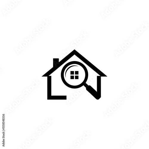 A house shape with a chimney and a magnifying glass showing a window in black and white logo style