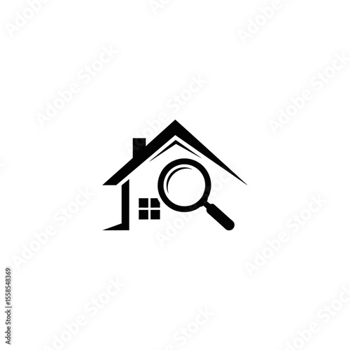 A black and white logo of a house with a magnifying glass over it in a simple vector design