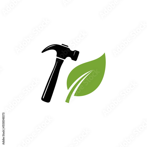 A hammer and leaf logo for century grocthig lautdoor hire with black and white variations shown