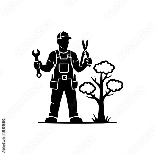 Silhouette of a handyman in overalls holding a wrench and shears next to a small tree vector art