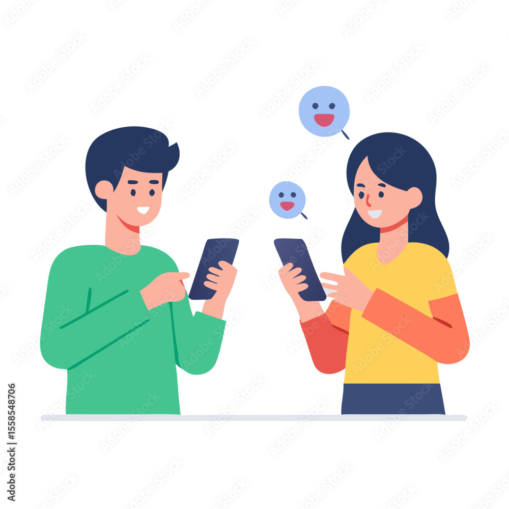 Fototapeta premium Simple Vector Illustration of Young Couples Using Phone 