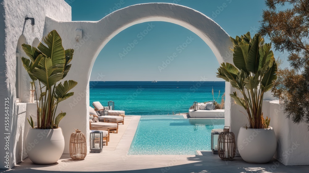 Fototapeta premium Luxury Mediterranean Poolside Archway View Overlooking Calm Spring Ocean