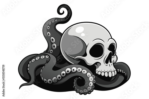 A fun cartoon octopus with a skull, blending a cute animal design with a wild sea tattoo illustration