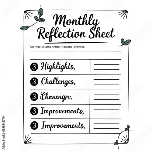 A black and white vector monthly reflection sheet with sections for 3 highlights, 3 challenges, and 3 improvements