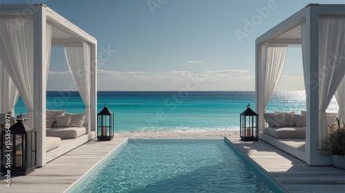 Luxury Cabana Deck Overlooking Turquoise Ocean in Summer Light