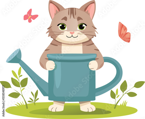 Helpful Cat Holding a Watering Can and Tending to Plants
