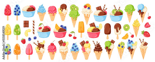 Colorful ice cream and fruit dessert constructor collection with cone, scoop, popsicle, topping. Ideal for summer menu packaging, pattern or kids design in cartoon isolated on white background.