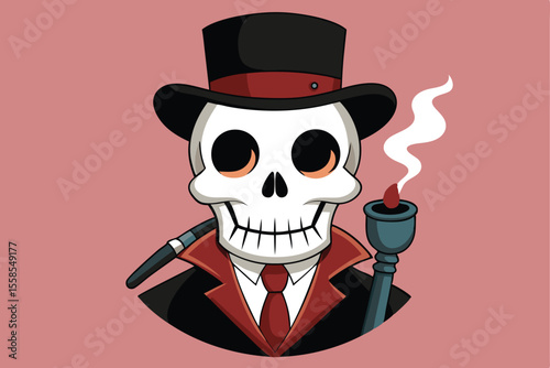A fun, elegant illustration of a cartoon skull character, a mentalist with a top hat and mustache, symbolizing wealth and power in a magical performance