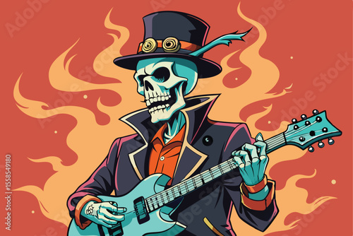 Cartoon illustration of a rock star woman with a guitar in the fire, featuring pirate and skull design art