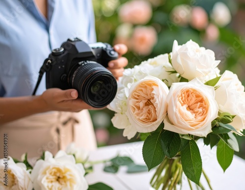 Woman Photographer Taking Picture Of Beautiful Floral Arrangement