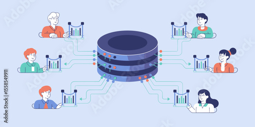 diverse team of users accessing a shared central database, vector illustration for data democratization, information governance and collaborative analytics