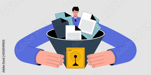 data specialist using a funnel to create a golden record from multiple documents, vector illustration for core master data management, data consolidation and creating a single source of truth
