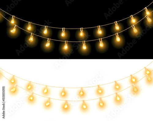 Vector Christmas lights on a transparent background. Christmas light PNG. Set of Christmas glowing garlands. For advertising invitations, web banners, postcards. Vector. Christmas decoration, LED lam