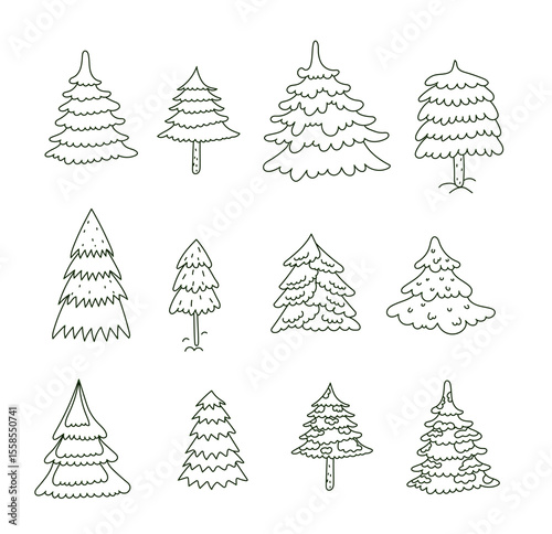 Pine tree doodle abstract silhouette set on white background. minimalist Christmas tree tree silhouette. vector line art illustration.