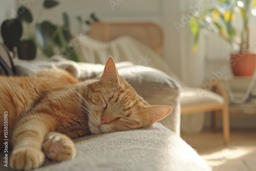 Orange cat peacefully sleeping on a cozy couch in a sunlit living room with houseplants and soft decor
