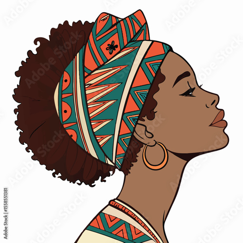 Colorful portrait of a woman with vibrant headwrap and earrings celebrating cultural pride and beauty