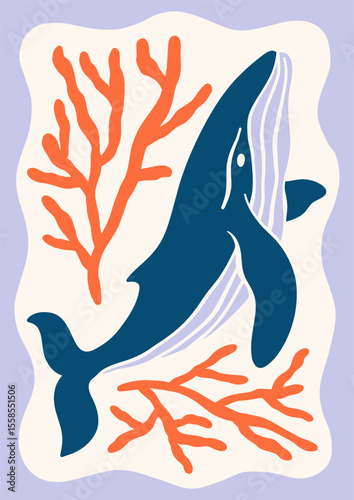 Underwater whale vector illustration. Minimalist retro sea poster design with ocean creature, seaweeds, corals in whimsical frame