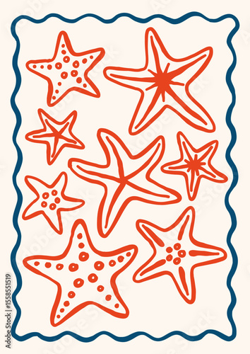 Underwater outline starfishes vector illustration. Minimalist retro sea poster design with ocean stars in whimsical frame