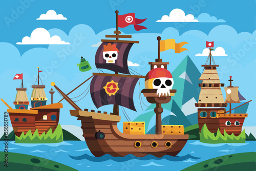 A whimsical cartoon pirate ship sails the ocean with a treasure chest, perfect for kid-friendly travel illustrations