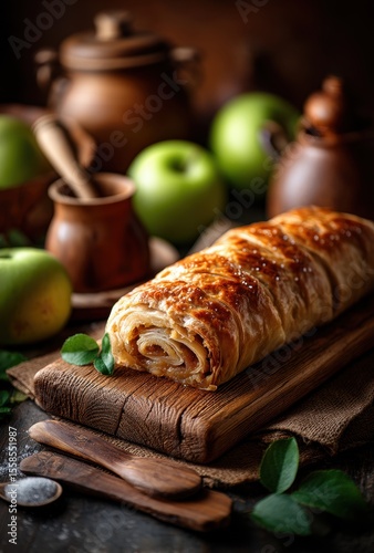 Delicious and Flaky Apple Strudel Pastry with Green Apples on a Rustic Wooden Table Surrounded by Kitchenware and Natural Decor