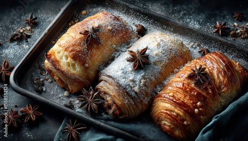 Delicious and Flaky Pastries with Attractive Toppings on Dark Background Perfect for Bakery or Culinary Theme Stock Photography