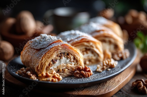 Delicious and Flaky Pastry Roll with Nuts and Cream on Wooden Plate Surrounded by Walnuts and Cozy Atmosphere