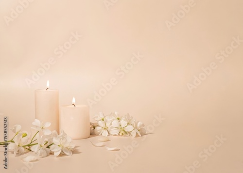 Blushing white flowers scattered on a wooden altar with soft candlelight