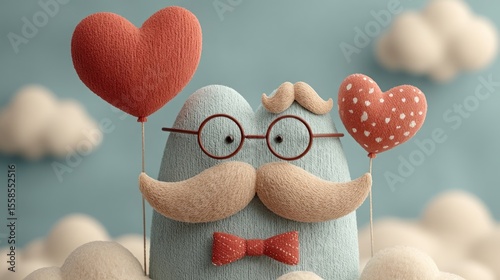 Father's Day greeting with flying hearts, balloons, mustache, glasses, and bow tie over clouds