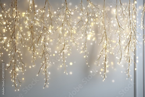 Warm, golden lights strung on branches, against a soft, light gray background.  Illuminated, delicate branches cascade downwards, with tiny, glowing lights.  A gentle snowfall effect adds depth