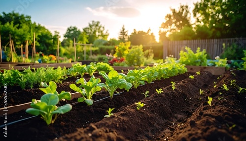 Vegetable garden rows at sunset