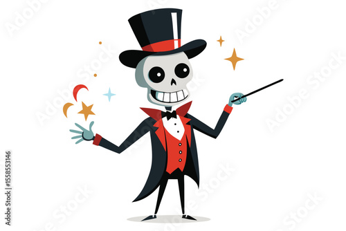 Funny cartoon illustration of a magician in a top hat with a magic wand, a character representing the illusion of success