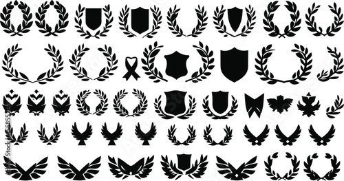 Assorted Black and White Laurel Wreaths Shields and Winged Emblems Collection