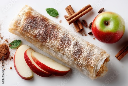 Delicious apple strudel dessert with cinnamon, mint, and fresh apple slices arranged on a clean white surface for culinary photography