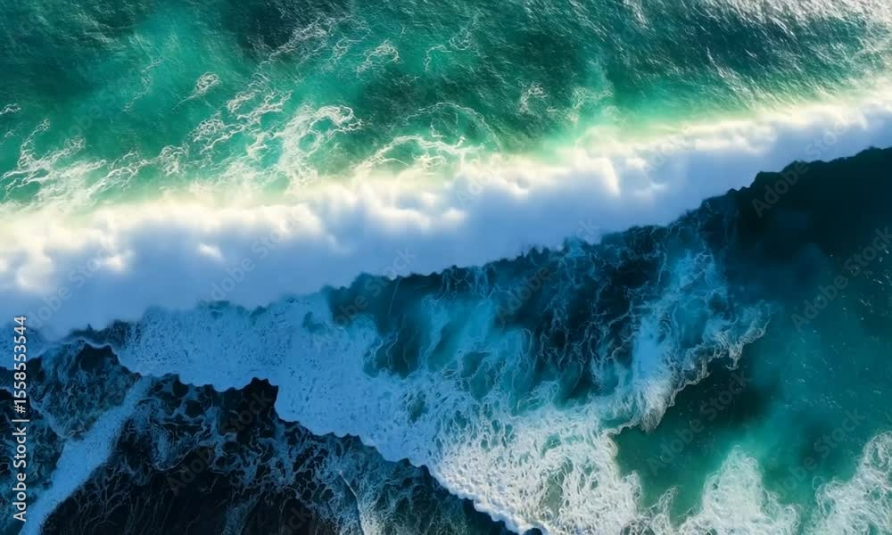 Aerial view of turbulent ocean waves with turquoise and teal hues, crashing against a rocky shore. White foam creates contrast