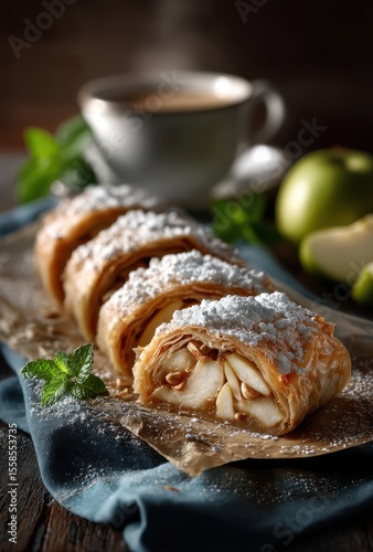 Delicious Apple Strudel on a Rustic Table with Powdered Sugar and Fresh Mint Garnish Near a Cup of Coffee and Green Apples