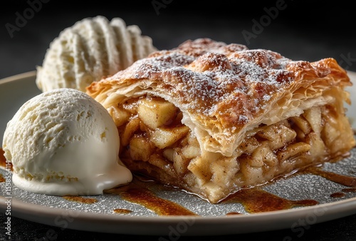 Delicious apple strudel served with creamy vanilla ice cream on a plate, showcasing layers of flaky pastry and sweet apple filling, perfect dessert presentation