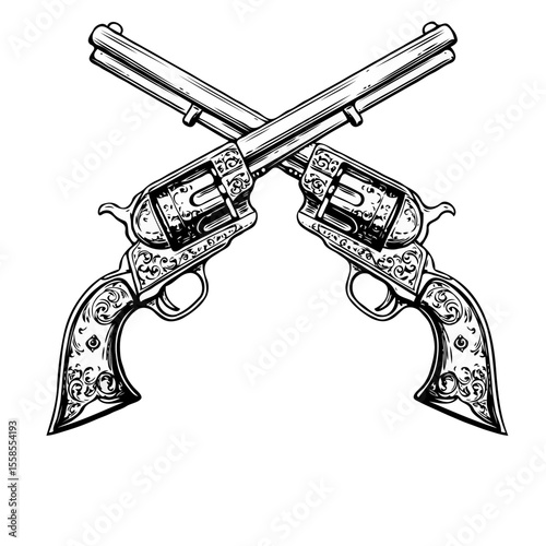 Two ornate vintage revolvers crossed in a classic western duel symbol