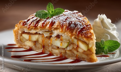 Delicious Apple Strudel with a Flaky Crust, Topped with Mint Leaves, Caramel Sauce, and a Dollop of Whipped Cream on a Fine Dining Plate