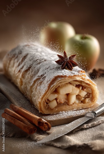 Delicious apple strudel with cinnamon, star anise, and powdered sugar on a rustic wooden board with fresh green apples in the background
