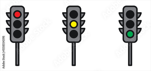 Traffic light icon. Road warning stop signal vector set. Green light sign. Red light symbol. Traffic signal set. Street crossroad icon. Stoplight vector sign.