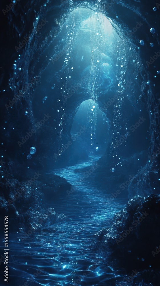 Fototapeta premium Mysterious underwater cave with glowing particles at night