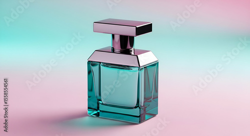Elegant teal perfume bottle with a sleek silver cap against a soft pink and blue gradient background for stylish fragrance advertising and branding