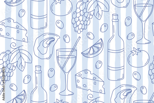 Seamless pattern with hand drawn italian food and drinks. Blue background wuth mediterranean elements and stripes
