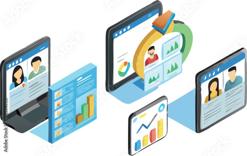 Isometric view of multiple screens displaying data charts and user profiles in a modern setting