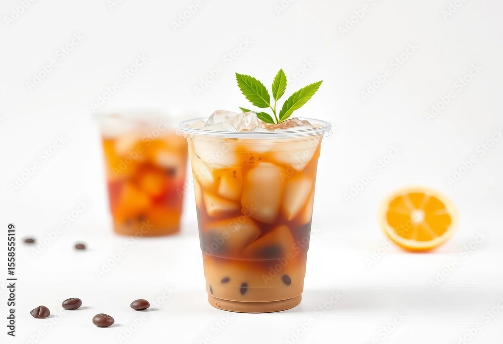 Refreshing iced coffee in a disposable plastic cup, isolated on white, food, food photography Refreshing iced coffee in a disposable plastic cup, isolated on white, food, food photography