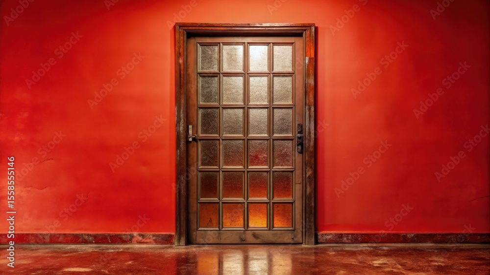 Obraz premium Old metal door with glass panels isolated on a worn stone floor
