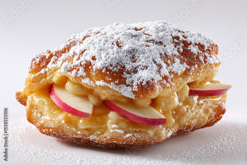 A photorealistic Hanukkah apple fritter with golden crust
