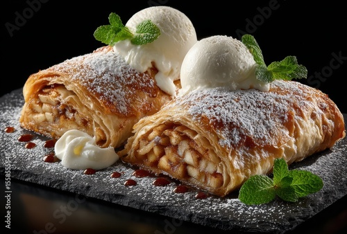 Delicious Apple Strudel with Ice Cream on Dark Background, Garnished with Mint Leaves and Powdered Sugar for Dessert Lovers and Culinary Enthusiasts